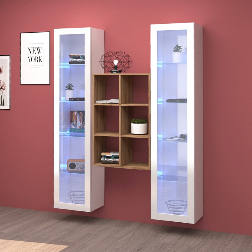 Wohnwand Kesia WH, weiß, mit 2 Vitrinen und Holzregal Aktion Wohnwand Kesia WH, weiß, mit 2 Vitrinen und Holzregal Aktion