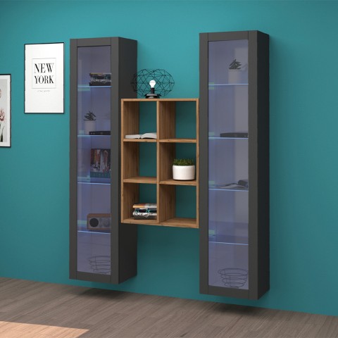 Graue schwebende Wohnzimmerwand aus Holz mit Bücherregal und 2 Vitrinen Kesia RT Aktion