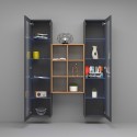Graue schwebende Wohnzimmerwand aus Holz mit Bücherregal und 2 Vitrinen Kesia RT Rabatte