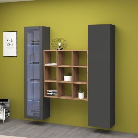 Moderne hängende Wohnwand, schwarzes Bücherregal mit Vitrine Tilla RT Aktion