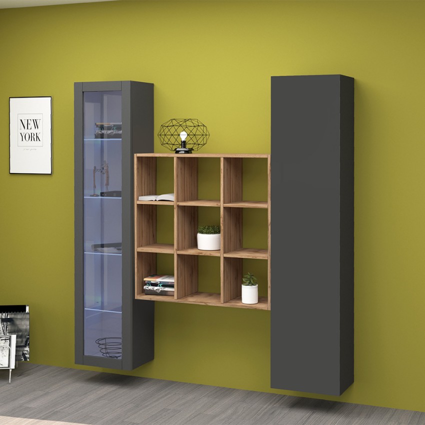 Moderne hängende Wohnwand, schwarzes Bücherregal mit Vitrine Tilla RT Aktion Moderne hängende Wohnwand, schwarzes Bücherregal mit Vitrine Tilla RT Aktion