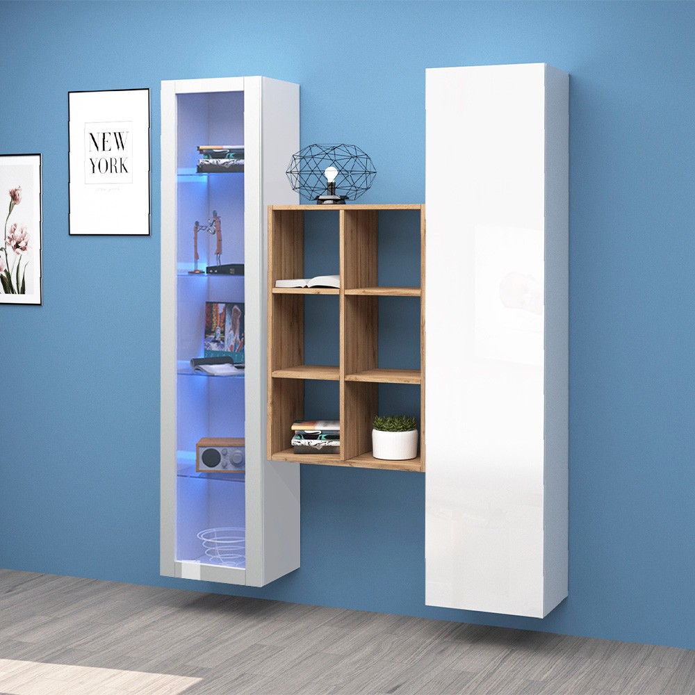 Weiße Wohnwand Vitrine Schrank Bücherregal Tilla WH