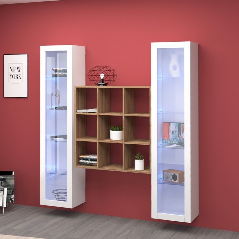 Hängende Wohnwand Bücherregal aus Holz mit 2 weißen Vitrinen Vila WH Aktion