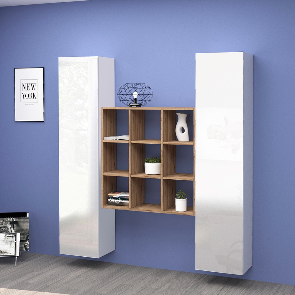 Weiße Hänge-Wohnwand mit 2 Schränken, Bücherregal, 9 Regalböden Pella WH