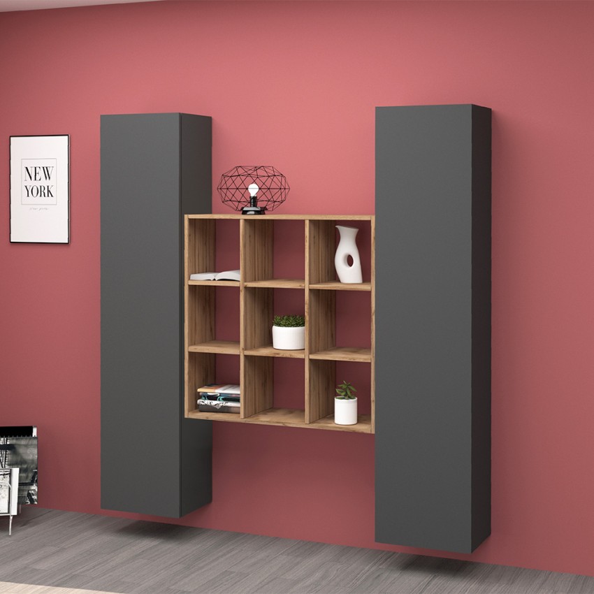 Moderne Wandregal-Kombination Pella RT aus Holz mit 2 Hängeschränken und Bücherregal Aktion Moderne Wandregal-Kombination Pella RT aus Holz mit 2 Hängeschränken und Bücherregal Aktion