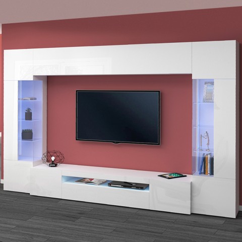 Weiße Wohnzimmer-Wand mit TV-Halterung, 2 Vitrinen und Hängeschrank Sultan WH Aktion