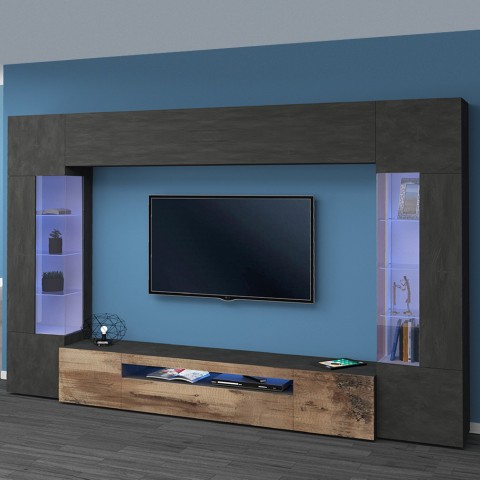 Moderne TV-Wohnwand Schwarz Holz mit 2 Vitrinen Hängeschrank Sultan AP Aktion