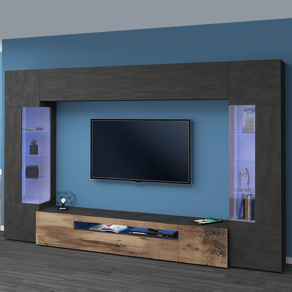 Moderne TV-Wohnwand Schwarz Holz mit 2 Vitrinen Hängeschrank Sultan AP