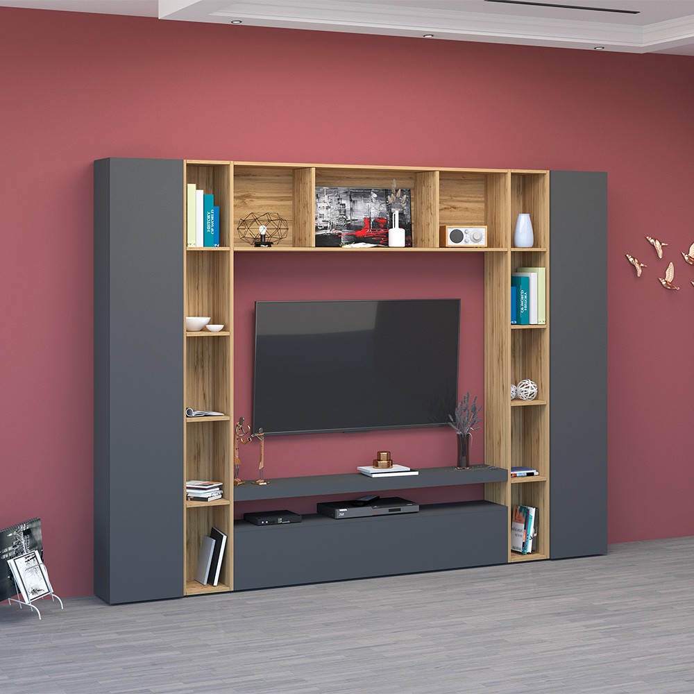 Moderne Wohnwand TV-Schrank Bücherregal Schränke Schwarz Holz Arkel AP