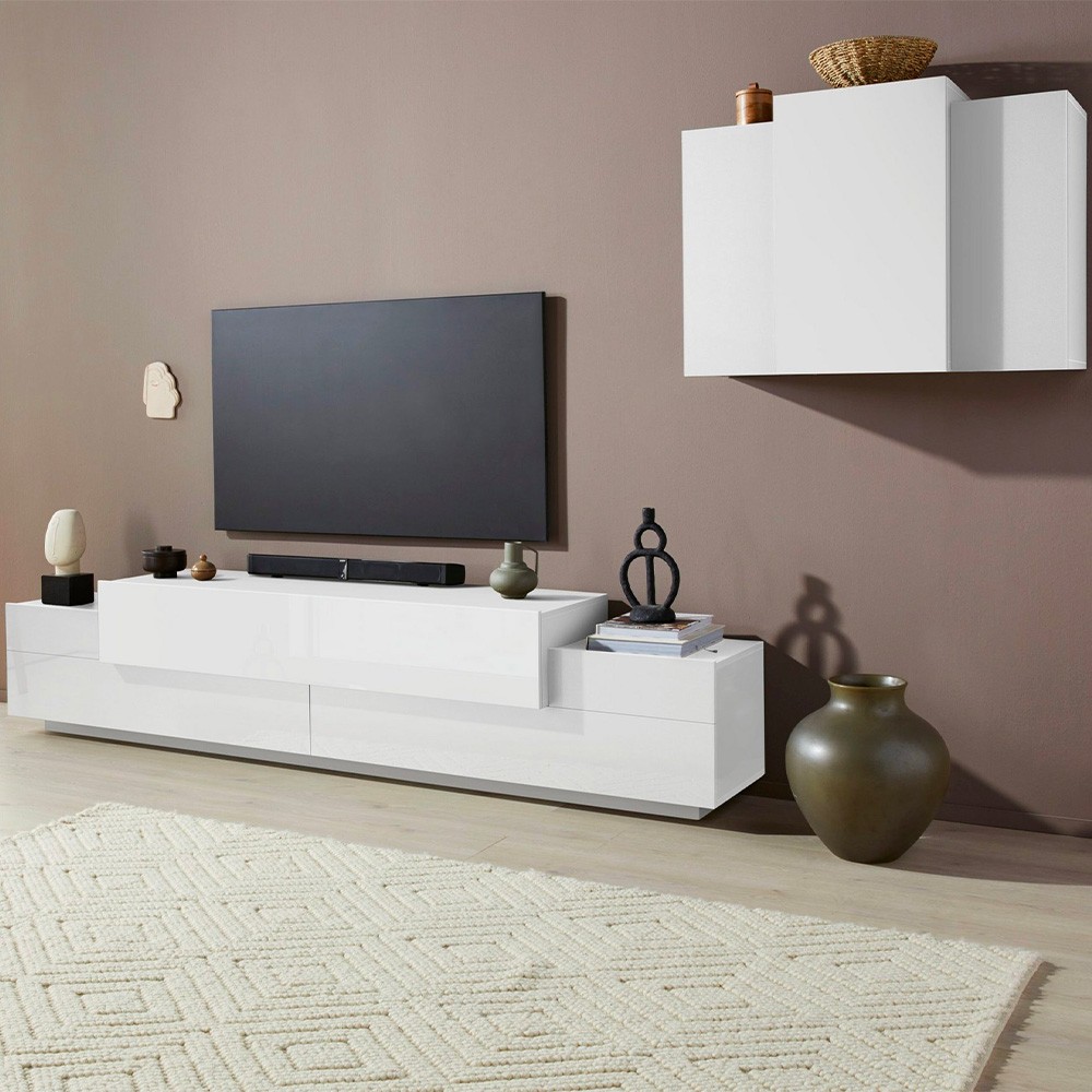 Moderne weiße Wohnwand Stady WH mit Hängeregal und TV-Halterung