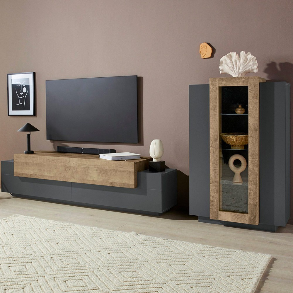 Moderne Wohnwand in Schwarz und Holz mit TV-Schrank und Vitrine Woud AP