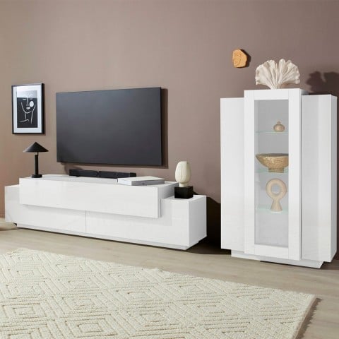 Wohnwand mit TV-Schrank und Vitrine, weiß, Woud WH Aktion