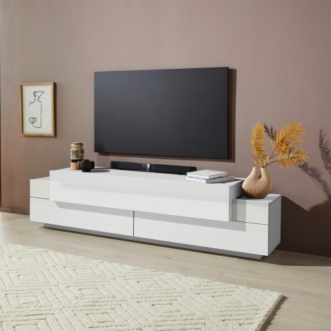 TV-Bank Weiß 200cm- für Wohnzimmer-mit4 Fächern und 3 Türen Corona Low Lacq Aktion