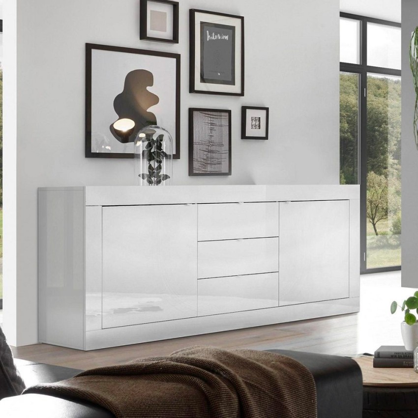 Weiße Hochglanz-Kommode Tribus Wh Basic mit 2 Türen und 3 Schubladen Aktion