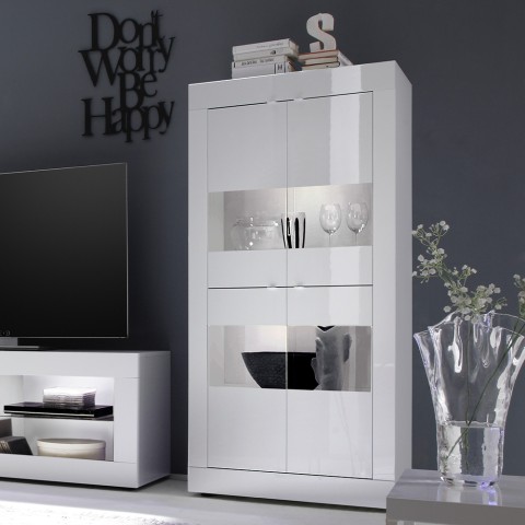 Moderne Wohnzimmer-Vitrine mit 4 Glastüren in glänzendem Weiß Tina Wh Basic Aktion