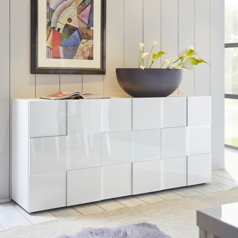 Design-Sideboard Schachmuster 3 Türen in weiß glänzendem Holz Dama Wh S Aktion