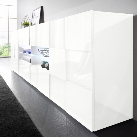 Moderne Küchenkommode 241cm Hochglanz Weiß, 2 Türen, 4 Schubladen, Dama Wh L Aktion
