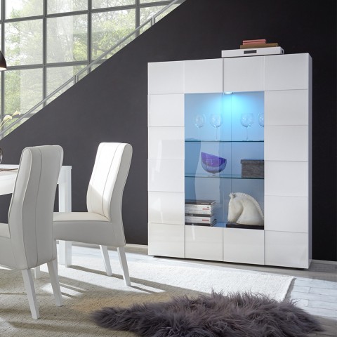 Moderne Vitrine 2 Glastüren Hochglanz Weiß Wohnzimmer 121x166cm Murano Wh Aktion