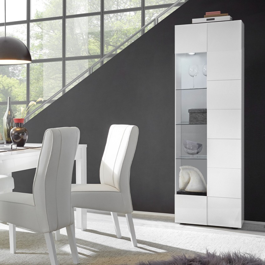 Moderne Wohnzimmer-Vitrine mit 1 Tür, weiß glänzend, Schachbrettmuster Bee Wh Dama Aktion Moderne Wohnzimmer-Vitrine mit 1 Tür, weiß glänzend, Schachbrettmuster Bee Wh Dama Aktion