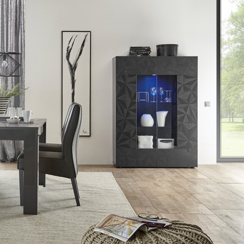 Moderne Vitrine Wohnzimmer, 2 Türen, grau hochglanz, 121x166 cm, Ego Rt Aktion