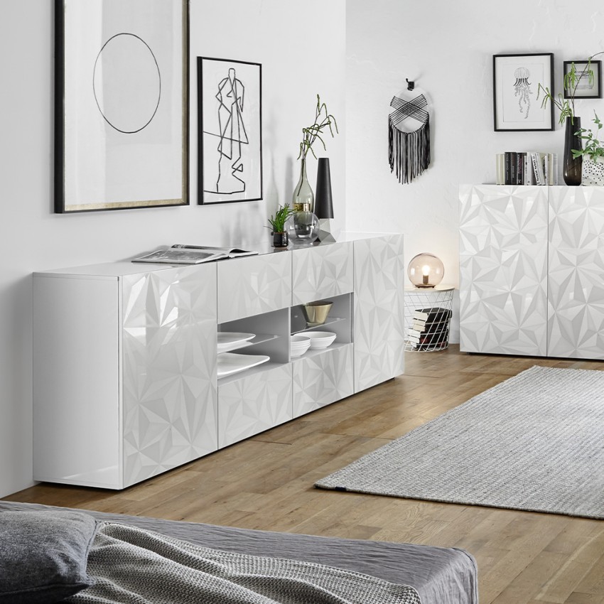 Moderne Anrichte mit 2 Türen und 4 Schubladen in Hochglanz Weiß, 241 cm, Prisma Wh L Aktion
