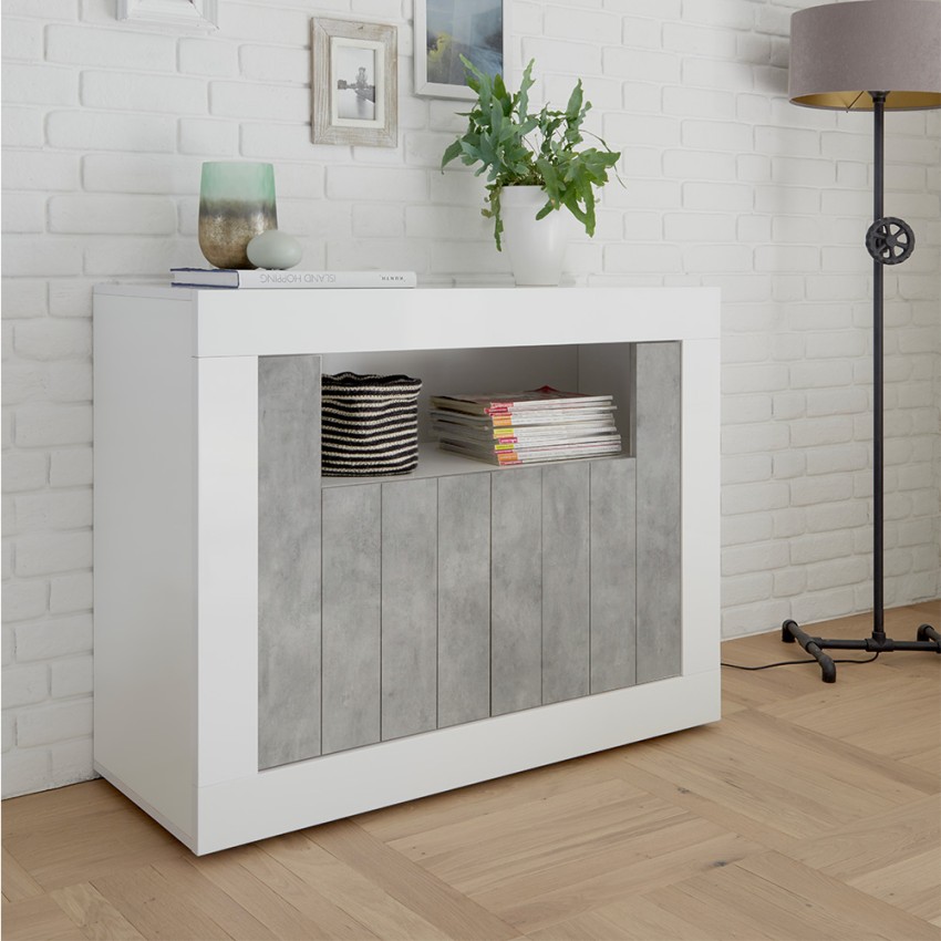 Moderne Sideboard 2 Türen 110 cm Hochglanz Weiß Betonoptik Minus BC Aktion Moderne Sideboard 2 Türen 110 cm Hochglanz Weiß Betonoptik Minus BC Aktion