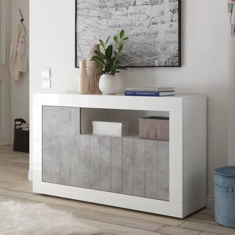 Sideboard Wohnzimmer 3 Türen 138 cm Hochglanz Weiß Beton Doppel MBC Aktion
