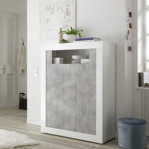 Moderner Hochglanz-Sideboard Sior BC, 144cm hoch, Weiß und Betonoptik für Wohnzimmer Aktion