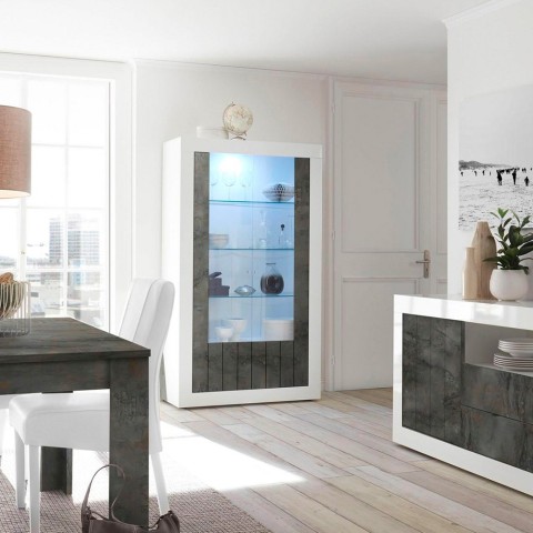 Design-Vitrine mit 2 Türen 110x191cm Wohnzimmer Hochglanz Weiß Schwarz Dern BX Aktion