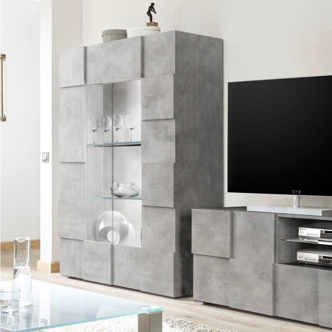 Wohnzimmervitrine 121x166cm mit 2 Glastüren in Betonoptik Murano Ct Aktion