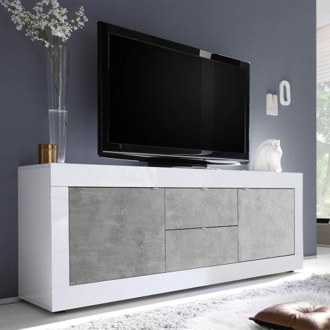 TV-Schrank 210 cm, 2 Türen, 2 Schubladen, Hochglanz Weiß, Betonoptik Visio BC Aktion
