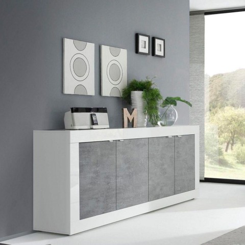 Moderne Sideboard für Wohnzimmer, 4 Türen, Weiß Hochglanz Betonoptik, 207cm Altea BC Aktion
