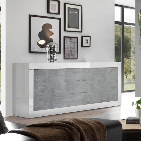 Sideboard mit 2 Türen und 3 Schubladen in Hochglanz Weiß-Beton 210cm Tribus BC Basic Aktion