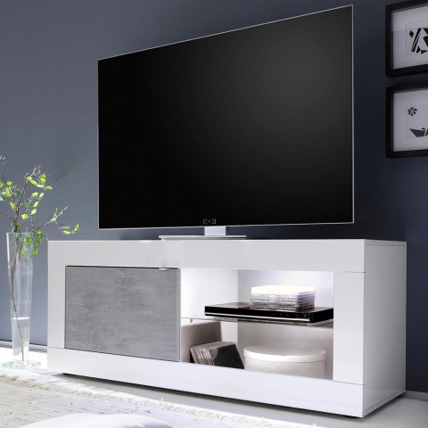 Modernes mobiler TV-Ständer in glänzendem Weiß und grauem Zement Diver BC Basic. Aktion
