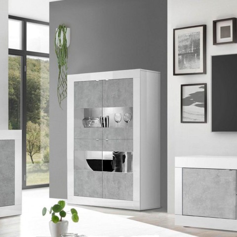 Moderne Wohnzimmer-Vitrine 4 Türen, weiß hochglanz Zementoptik Tina BC Basic Aktion