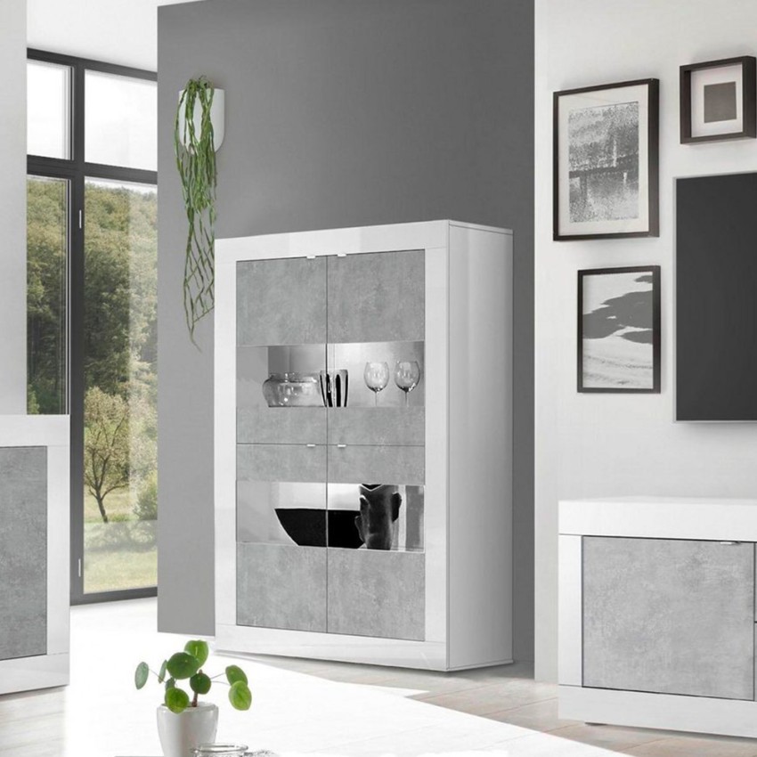 Moderne Wohnzimmer-Vitrine 4 Türen, weiß hochglanz Zementoptik Tina BC Basic Aktion Moderne Wohnzimmer-Vitrine 4 Türen, weiß hochglanz Zementoptik Tina BC Basic Aktion