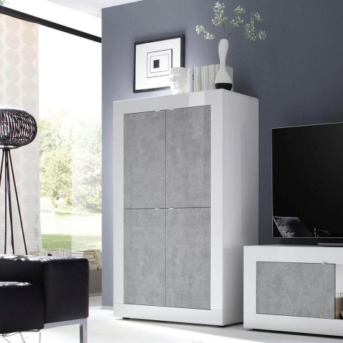 Küchen- und Wohnzimmer-Sideboard 4 Türen Hochglanz Weiß Betonoptik Novia BC Basic Aktion