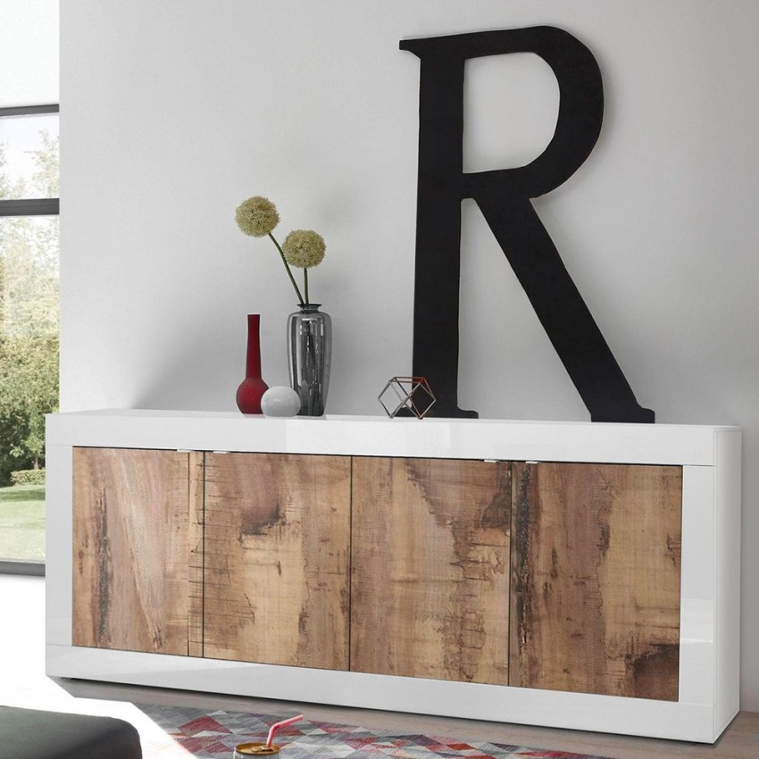 Wohnzimmer Anrichte Buffet 4 Türen 207 cm Hochglanz Weiß und Holz Altea BW Aktion Wohnzimmer Anrichte Buffet 4 Türen 207 cm Hochglanz Weiß und Holz Altea BW Aktion
