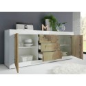 Sideboard Wohnzimmer 2 Türen 3 Schubladen Hochglanz Weiß und Holz Tribus BW Basic Modell