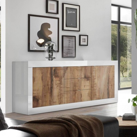 Sideboard Wohnzimmer 2 Türen 3 Schubladen Hochglanz Weiß und Holz Tribus BW Basic Aktion