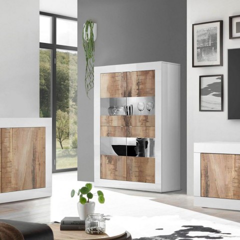 Weißer Hochglanz-Wohnzimmerschrank mit 4 Glas- und Holztüren Tina BW Basic Aktion