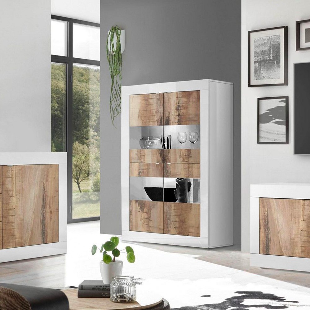 Weißer Hochglanz-Wohnzimmerschrank mit 4 Glas- und Holztüren Tina BW Basic