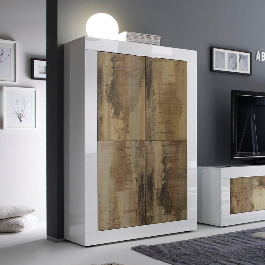 Sideboard 4 Türen Hochglanz Weiß und Holz Novia BW Basic Aktion Sideboard 4 Türen Hochglanz Weiß und Holz Novia BW Basic Aktion