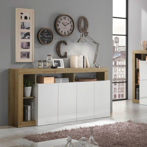 Sideboard Anrichte 184cm 4 Türen Hochglanz Weiß Eiche Cadiz BR Aktion