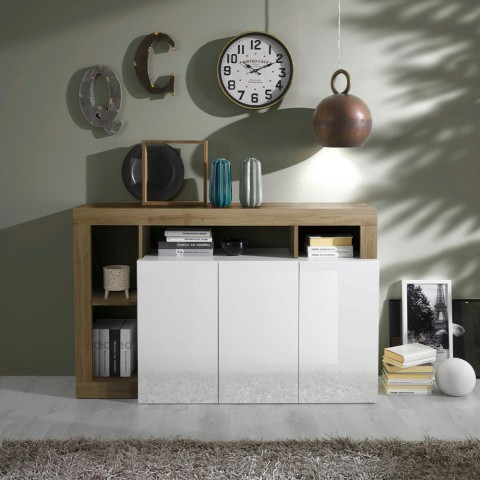 Moderne Anrichte 3 Türen weiß hochglänzend Eiche 146cm Hailey BR Aktion