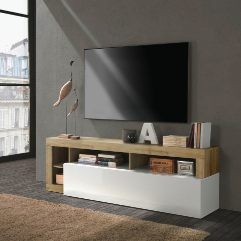 Moderner TV-Schrank Dorian BR, 184 cm, weiß glänzend, Eicheoptik Aktion