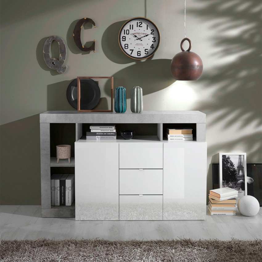 Wohnzimmerschrank Lavine BC, 2 Türen, 3 Schubladen, Hochglanz Weiß und Betonoptik Aktion Wohnzimmerschrank Lavine BC, 2 Türen, 3 Schubladen, Hochglanz Weiß und Betonoptik Aktion