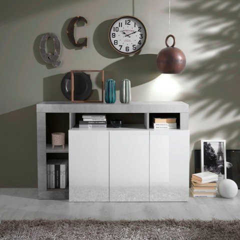 Sideboard für Wohnzimmer 3 Türen Hochglanz Weiß 146cm Beton Hailey BC Aktion