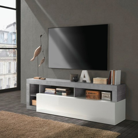 Mobiles TV-Rack mit weißer glänzender Tür und grauem Zement-Design, 184 cm Dorian BC. Aktion