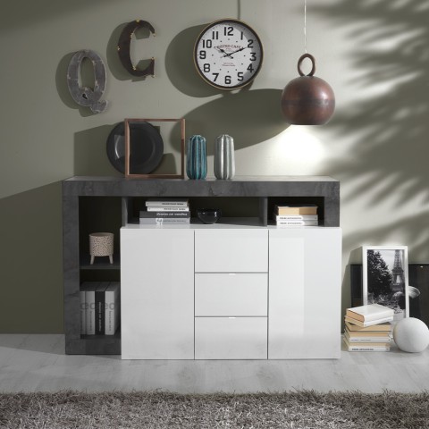 Moderner schwarzer Buffet-Schrank, 2 Türen, 3 Schubladen, Hochglanz Weiß Lavine BX Aktion
